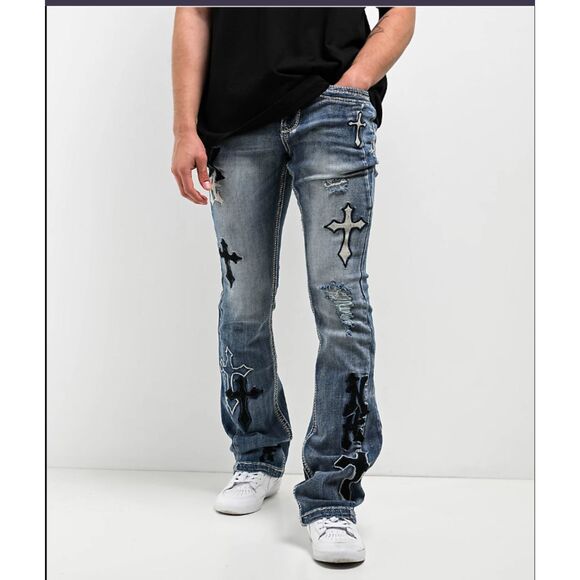 Ninth Hall Signal Crosses Light Blue Flared Jeans Flap Pocket Patch Zumiez 31 - Picture 1 of 7